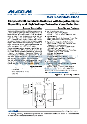 MAX14585AEVBT datasheet - Hi-Speed USB and Audio Switches with Negative Signal Capability and High-Voltage-Tolerable
