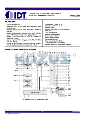 IDT82V3010PV datasheet - T1/E1/OC3 TELECOM CLOCK GENERATOR WITH DUAL REFERENCE INPUTS