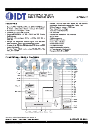 IDT82V3012 datasheet - T1/E1/OC3 WAN PLL WITH  DUAL REFERENCE INPUTS