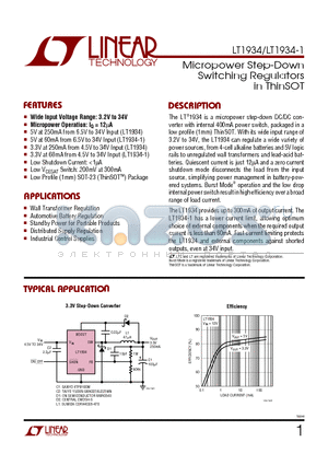 LT1934-1 datasheet - Micropower Step-Down Switching Regulators in ThinSOT