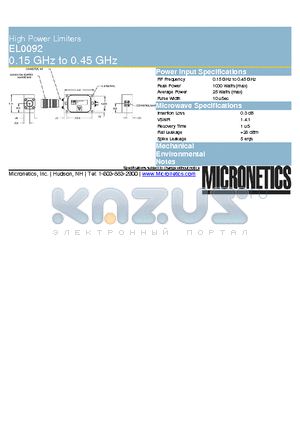 EL0092 datasheet - High Power Limiters 0.15 GHz to 0.45 GHz