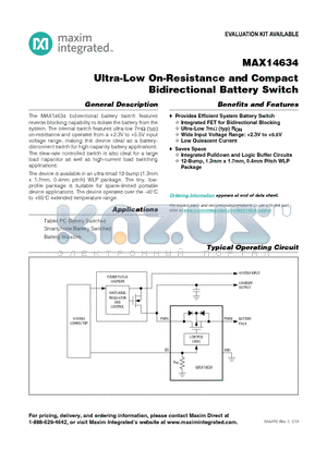 MAX14634_13 datasheet - Ultra-Low On-Resistance and Compact Bidirectional Battery Switch