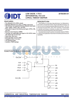 IDT85304 datasheet - LOW SKEW, 1-TO-5 DIFFERENTIAL-TO-3.3V LVPECL FANOUT BUFFER