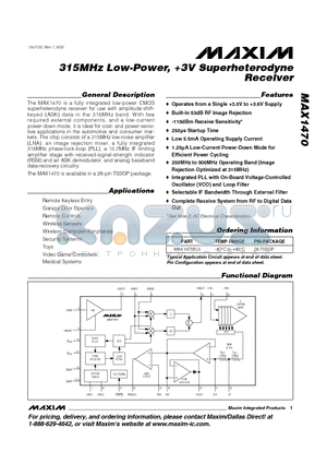MAX1470 datasheet - 315MHz Low-Power, 3V Superheterodyne Receiver