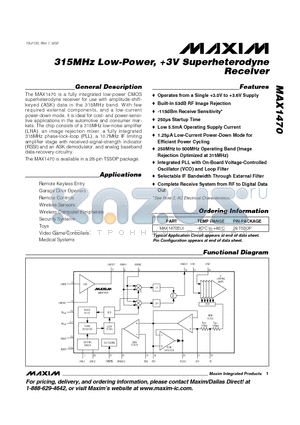 MAX1470EUI datasheet - 315MHz Low-Power, 3V Superheterodyne Receiver