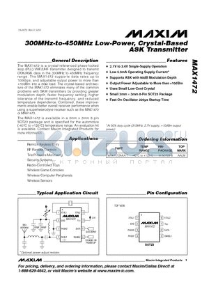 MAX1472 datasheet - 300MHz-to-450MHz Low-Power, Crystal-Based ASK Transmitter