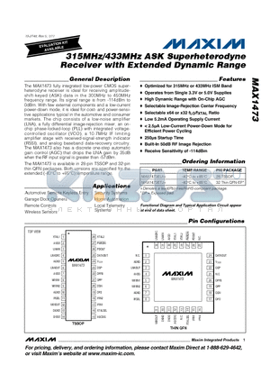 MAX1473ETJ+ datasheet - 315MHz/433MHz ASK Superheterodyne Receiver with Extended Dynamic Range