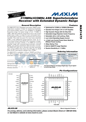 MAX1473ETJ+ datasheet - 315MHz/433MHz ASK Superheterodyne Receiver with Extended Dynamic Range