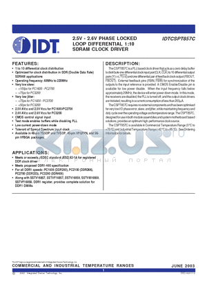 IDTCSPT857CPA datasheet - 2.5V - 2.6V PHASE LOCKED  LOOP DIFFERENTIAL 1:10 SDRAM CLOCK DRIVER