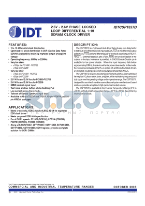IDTCSPT857DNLI datasheet - 2.5V - 2.6V PHASE LOCKED LOOP DIFFERENTIAL 1:10  SDRAM CLOCK DRIVER