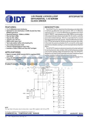 IDTCSPU877D datasheet - 1.8V PHASE LOCKED LOOP DIFFERENTIAL 1:10 SDRAM CLOCK DRIVER