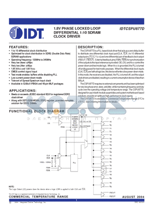 IDTCSPU877DNLG datasheet - 1.8V PHASE LOCKED LOOP DIFFERENTIAL 1:10 SDRAM CLOCK DRIVER