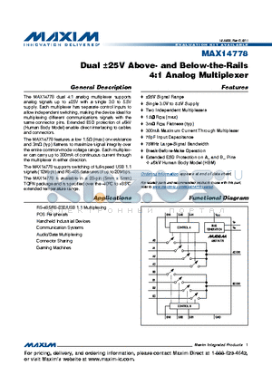 MAX14778ETP datasheet - Dual 25V Above- and Below-the-Rails 4:1 Analog Multiplexer