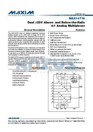 MAX14778ETP+ datasheet - Dual a25V Above- and Below-the-Rails 4:1 Analog Multiplexer