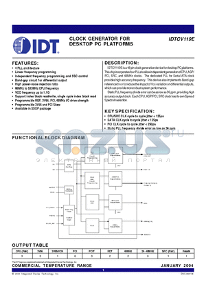 IDTCV119E datasheet - CLOCK GENERATOR FOR DESKTOP PC PLATFORMS