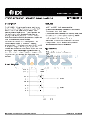 IDTHS231P16 datasheet - HYBRID SWITCH WITH NEGATIVE SIGNAL HANDLING