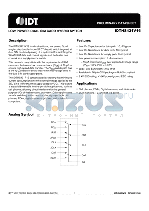 IDTHS421V16NLGI8 datasheet - LOW POWER, DUAL SIM CARD HYBRID SWITCH