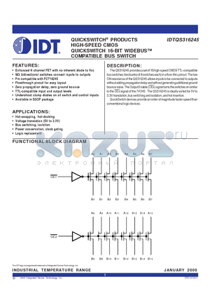 IDTQS316245 datasheet - QUICKSWITCH PRODUCTS HIGH-SPEED CMOS QUICKSWITCH 16-BIT WIDEBUS COMPATIBLE BUS SWITCH