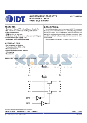 IDTQS32384 datasheet - QUICKSWITCH PRODUCTS HIGH-SPEED CMOS 10-BIT BUS SWITCH