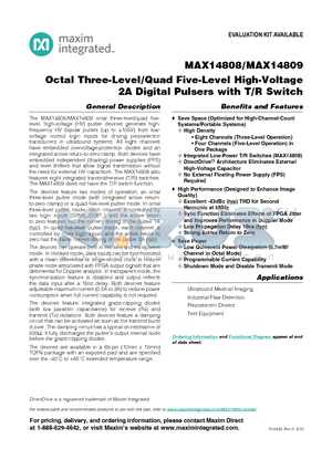 MAX14809 datasheet - Octal Three-Level/Quad Five-Level High-Voltage 2A Digital Pulsers with T/R Switch