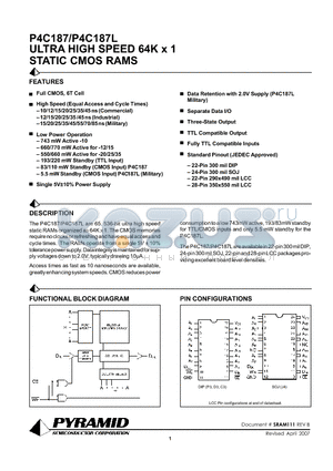 P4C187-12LC datasheet - ULTRA HIGH SPEED 64K x 1 STATIC CMOS RAMS