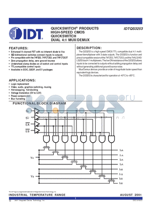 IDTQS3253 datasheet - QUICKSWITCH PRODUCTS HIGH-SPEED CMOS QUICKSWITCH DUAL 4:1 MUX/DEMUX