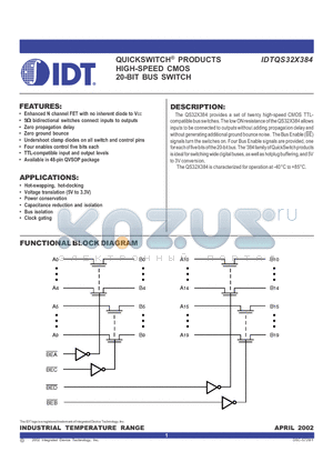 IDTQS32X384Q1 datasheet - QUICKSWITCH PRODUCTS HIGH-SPEED CMOS 20-BIT BUS SWITCH