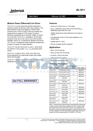 EL1511CSZ-T13 datasheet - Medium Power Differential Line Driver