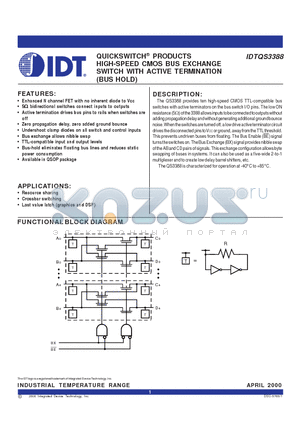IDTQS3388 datasheet - QUICKSWITCH PRODUCTS HIGH-SPEED CMOS BUS EXCHANGE SWITCH WITH ACTIVE TERMINATION(BUS HOLD)