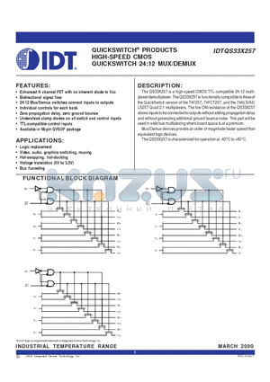 IDTQS33X257Q1 datasheet - QUICKSWITCH PRODUCTS HIGH-SPEED CMOS QUICKSWITCH 24:12 MUX/DEMUX