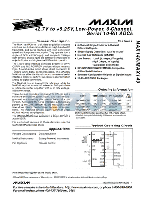 MAX148ACAP datasheet - 2.7V to 5.25V, Low-Power, 8-Channel, Serial 10-Bit ADCs