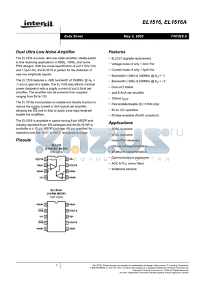 EL1516AIY datasheet - Dual Ultra Low Noise Amplifier