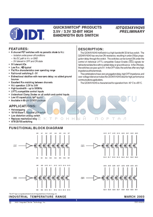 IDTQS34XVH245 datasheet - QUICKSWITCH PRODUCTS 2.5V / 3.3V 32-BIT HIGH BANDWIDTH BUS SWITCH