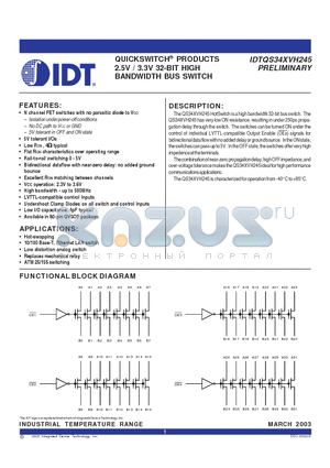 IDTQS34XVH245Q3 datasheet - QUICKSWITCH PRODUCTS 2.5V / 3.3V 32-BIT HIGH BANDWIDTH BUS SWITCH