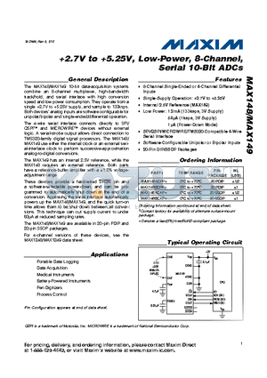 MAX148BCPP+ datasheet - 2.7V to 5.25V, Low-Power, 8-Channel, Serial 10-Bit ADCs