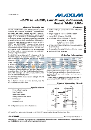 MAX148ACPP datasheet - 2.7V to 5.25V, Low-Power, 8-Channel, Serial 10-Bit ADCs