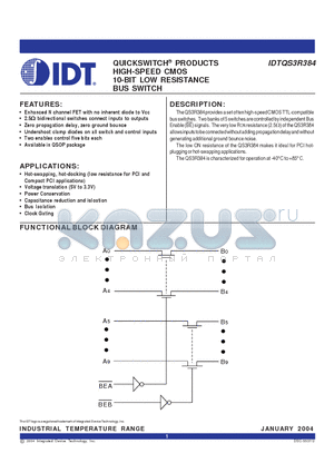 IDTQS3R384 datasheet - QUICKSWITCH PRODUCTS HIGH-SPEED CMOS 10-BIT LOW RESISTANCE BUS SWITCH