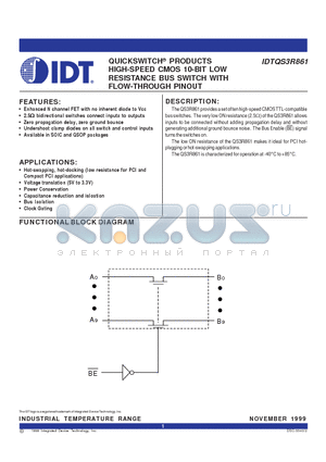 IDTQS3R861Q datasheet - QUICKSWITCH  PRODUCTS HIGH-SPEED CMOS 10-BIT LOW RESISTANCE BUS SWITCH WITH FLOW-THROUGH PINOUT