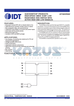 IDTQS3R862 datasheet - QUICKSWITCH-R PRODUCTS HIGH-SPEED CMOS 10-BIT LOW RESISTANCE BUS SWITCH WITH ACTIVE HIGH AND LOW ENABLES