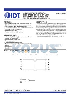 IDTQS3R862Q datasheet - QUICKSWITCH-R PRODUCTS HIGH-SPEED CMOS 10-BIT LOW RESISTANCE BUS SWITCH WITH ACTIVE HIGH AND LOW ENABLES