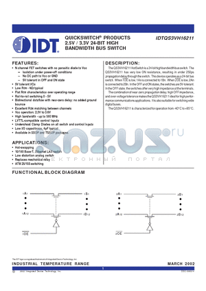 IDTQS3VH16211PV datasheet - QUICKSWITCH PRODUCTS 2.5V / 3.3V 24-BIT HIGH BANDWIDTH BUS SWITCH