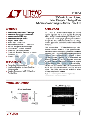 LT1964ES5-SD datasheet - 200mA, Low Noise, Low Dropout Negative Micropower Regulator in ThinSOT