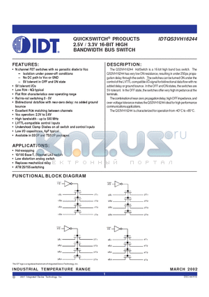 IDTQS3VH16244PAG datasheet - QUICKSWITCH PRODUCTS 2.5V / 3.3V 16-BIT HIGH BANDWIDTH BUS SWITCH