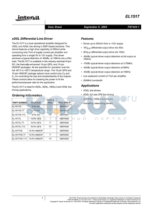 EL1517IYE-T13 datasheet - xDSL Differential Line Driver