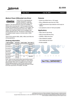 EL1519 datasheet - Medium Power Differential Line Driver