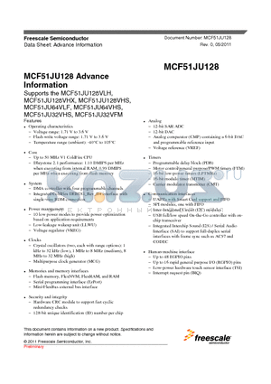 MCF51JU32VHS datasheet - Advance Information Temperature range (ambient): -40`C to 105`C