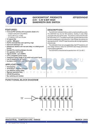 IDTQS3VH245SO datasheet - QUICKSWITCH PRODUCTS 2.5V / 3.3V 8-BIT HIGH BANDWIDTH BUS SWITCH