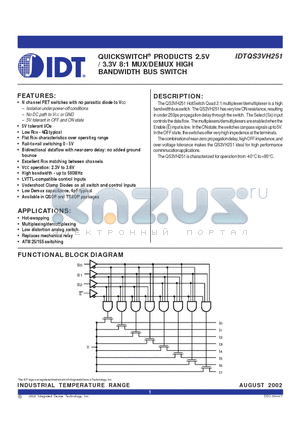 IDTQS3VH251Q datasheet - QUICKSWITCH PRODUCTS 2.5V / 3.3V 8:1 MUX/DEMUX HIGH BANDWIDTH BUS SWITCH