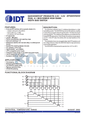 IDTQS3VH253 datasheet - QUICKSWITCH-R PRODUCTS 2.5V / 3.3V DUAL 4:1 MUX/DEMUX HIGH BAND-WIDTH BUS SWITCH