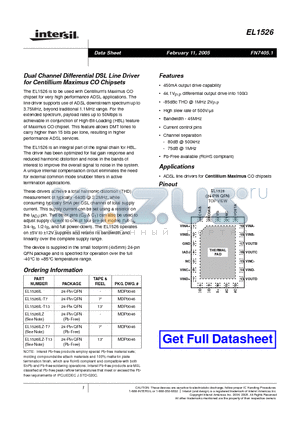 EL1526ILZ-T7 datasheet - Dual Channel Differential DSL Line Driver for Centillium Maximus CO Chipsets
